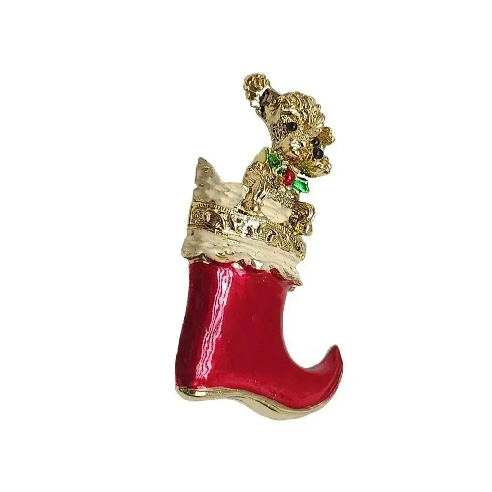 Gerrys Red Enamel Christmas Stocking with Poodle Brooch Pin Gold Tone Vintage